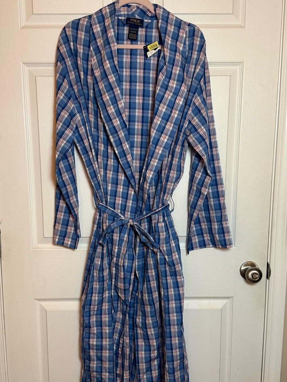 Polo by Ralph Lauren Blue and White Plaid Cotton Robe with Red Accents